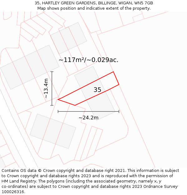 35, HARTLEY GREEN GARDENS, BILLINGE, WIGAN, WN5 7GB: Plot and title map