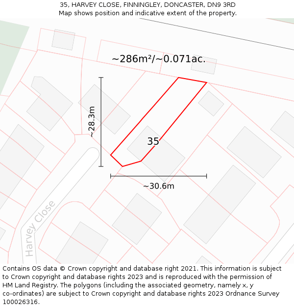 35, HARVEY CLOSE, FINNINGLEY, DONCASTER, DN9 3RD: Plot and title map