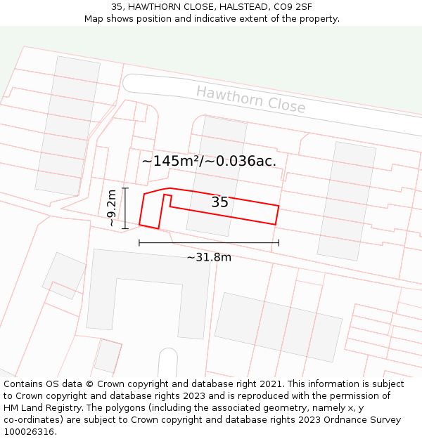 35, HAWTHORN CLOSE, HALSTEAD, CO9 2SF: Plot and title map
