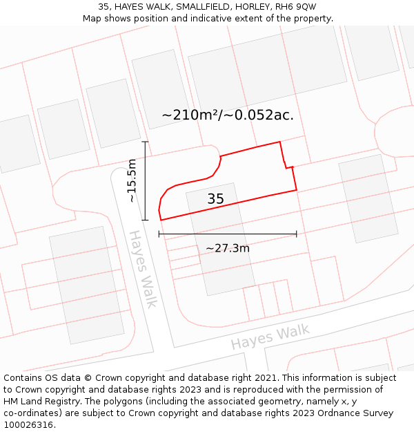 35, HAYES WALK, SMALLFIELD, HORLEY, RH6 9QW: Plot and title map