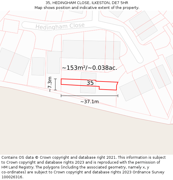 35, HEDINGHAM CLOSE, ILKESTON, DE7 5HR: Plot and title map