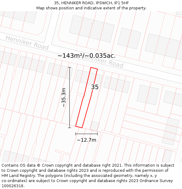 35, HENNIKER ROAD, IPSWICH, IP1 5HF: Plot and title map