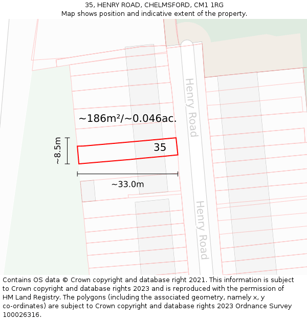 35, HENRY ROAD, CHELMSFORD, CM1 1RG: Plot and title map