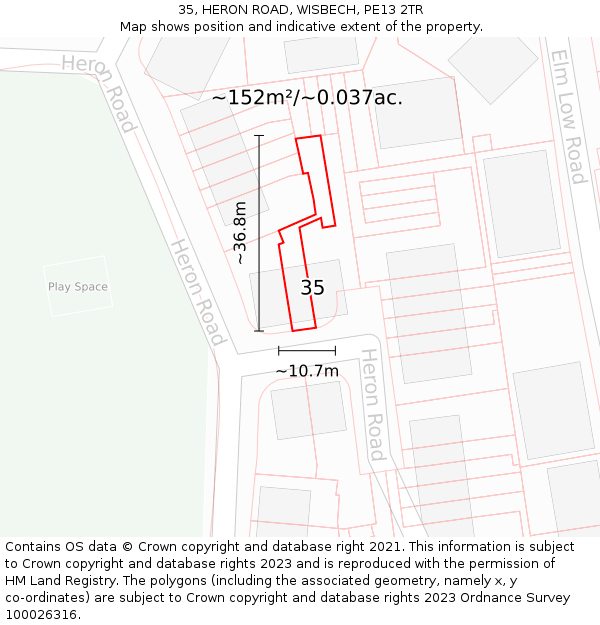 35, HERON ROAD, WISBECH, PE13 2TR: Plot and title map