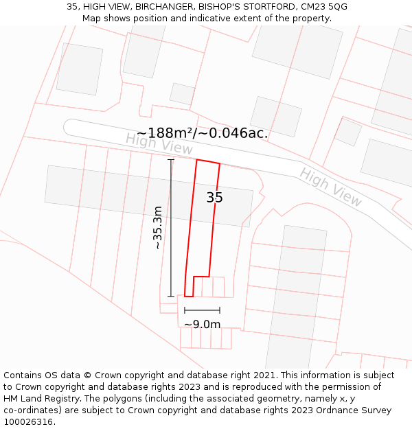 35, HIGH VIEW, BIRCHANGER, BISHOP'S STORTFORD, CM23 5QG: Plot and title map