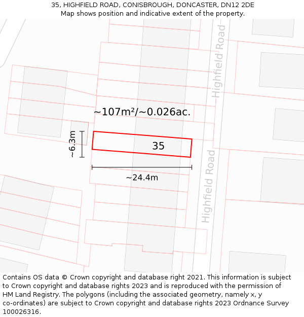 35, HIGHFIELD ROAD, CONISBROUGH, DONCASTER, DN12 2DE: Plot and title map