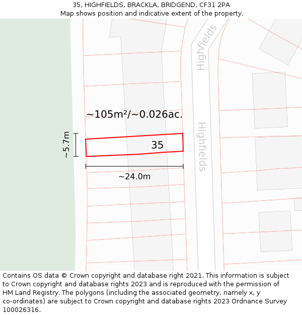 35, HIGHFIELDS, BRACKLA, BRIDGEND, CF31 2PA: Plot and title map