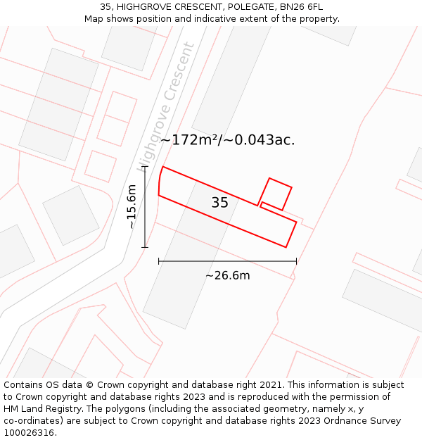 35, HIGHGROVE CRESCENT, POLEGATE, BN26 6FL: Plot and title map