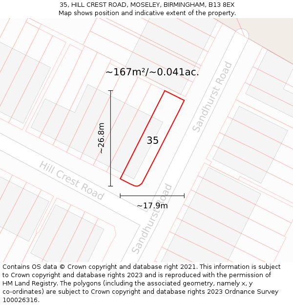 35, HILL CREST ROAD, MOSELEY, BIRMINGHAM, B13 8EX: Plot and title map