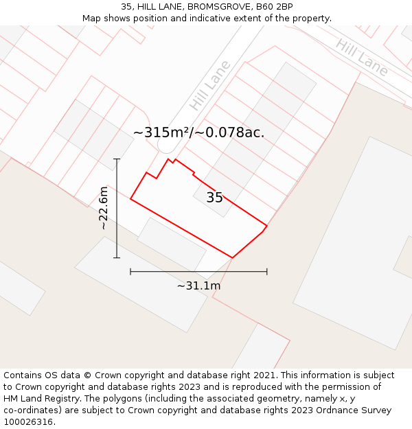 35, HILL LANE, BROMSGROVE, B60 2BP: Plot and title map