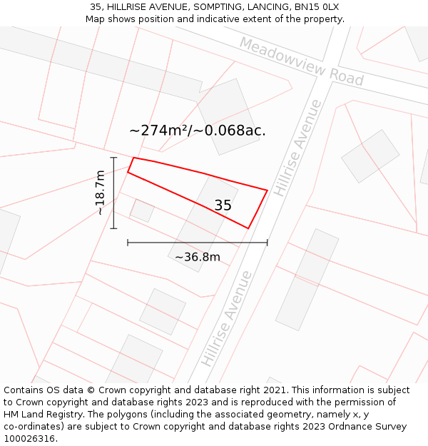 35, HILLRISE AVENUE, SOMPTING, LANCING, BN15 0LX: Plot and title map