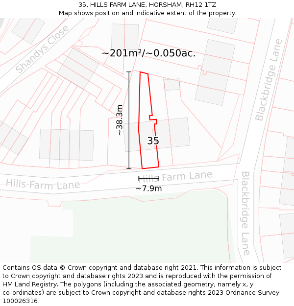 35, HILLS FARM LANE, HORSHAM, RH12 1TZ: Plot and title map