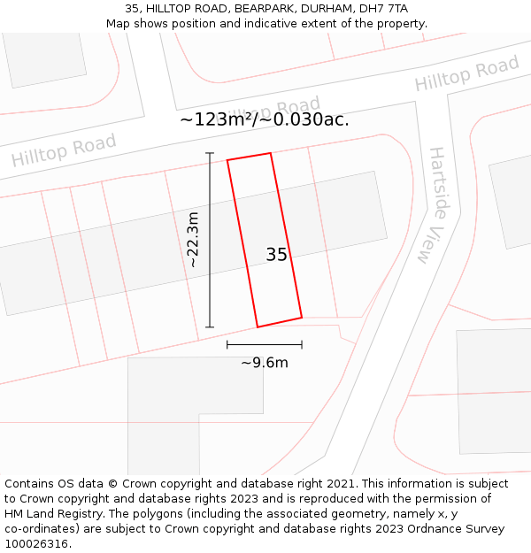35, HILLTOP ROAD, BEARPARK, DURHAM, DH7 7TA: Plot and title map