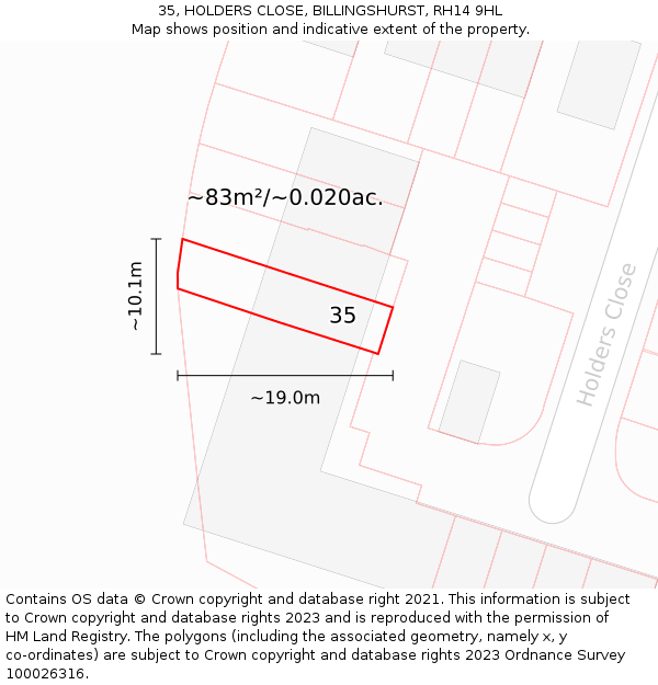 35, HOLDERS CLOSE, BILLINGSHURST, RH14 9HL: Plot and title map