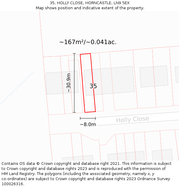 35, HOLLY CLOSE, HORNCASTLE, LN9 5EX: Plot and title map