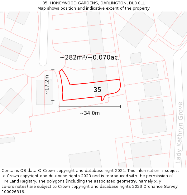 35, HONEYWOOD GARDENS, DARLINGTON, DL3 0LL: Plot and title map
