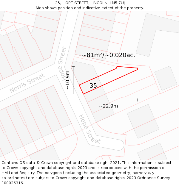35, HOPE STREET, LINCOLN, LN5 7UJ: Plot and title map