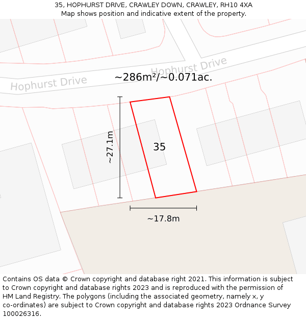 35, HOPHURST DRIVE, CRAWLEY DOWN, CRAWLEY, RH10 4XA: Plot and title map