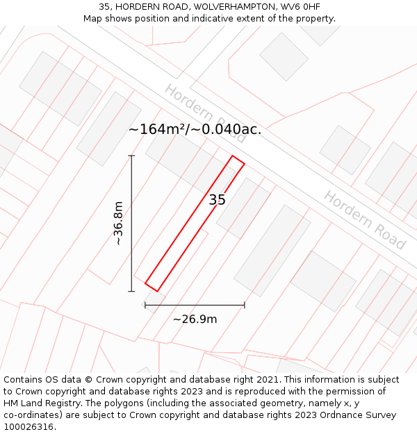 35, HORDERN ROAD, WOLVERHAMPTON, WV6 0HF: Plot and title map