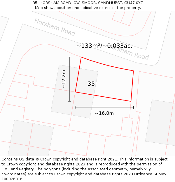 35, HORSHAM ROAD, OWLSMOOR, SANDHURST, GU47 0YZ: Plot and title map