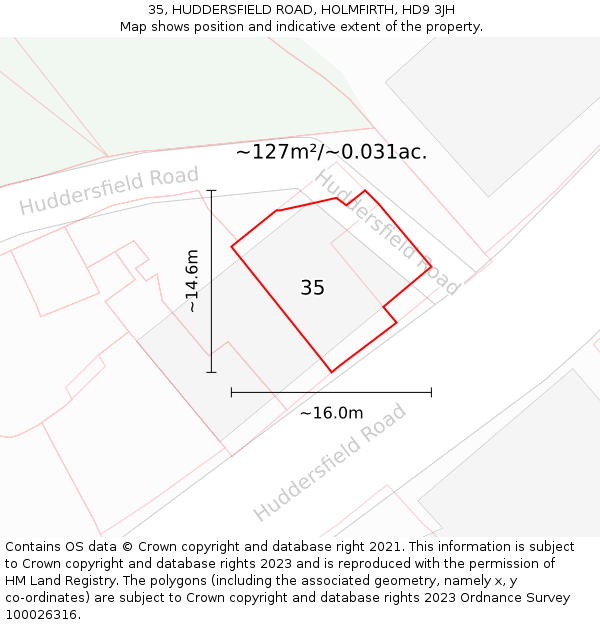 35, HUDDERSFIELD ROAD, HOLMFIRTH, HD9 3JH: Plot and title map