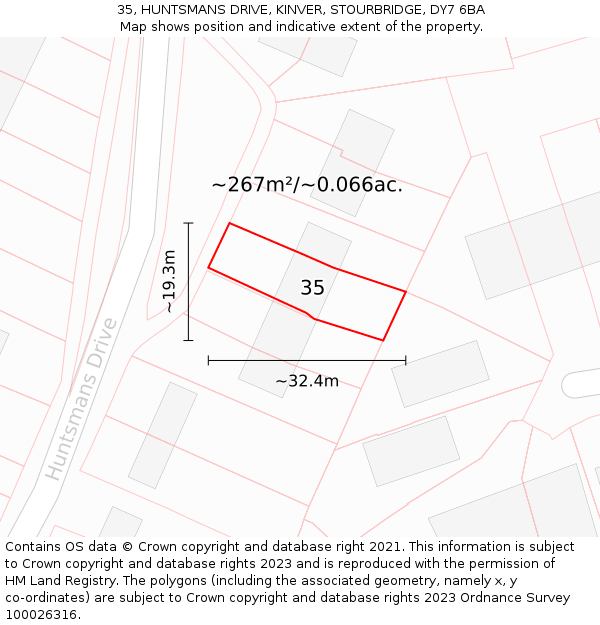 35, HUNTSMANS DRIVE, KINVER, STOURBRIDGE, DY7 6BA: Plot and title map