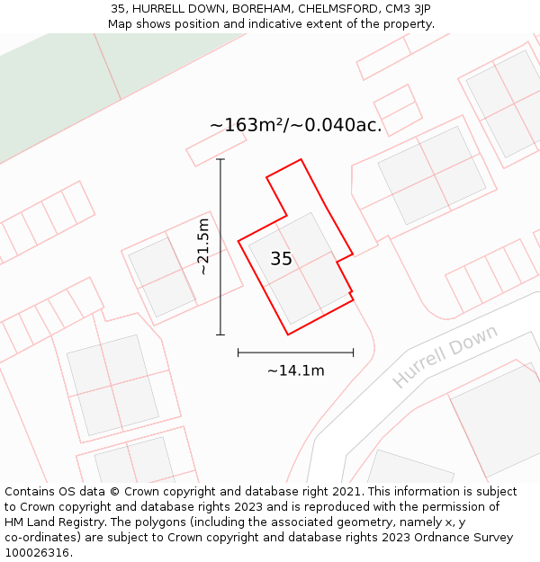 35, HURRELL DOWN, BOREHAM, CHELMSFORD, CM3 3JP: Plot and title map