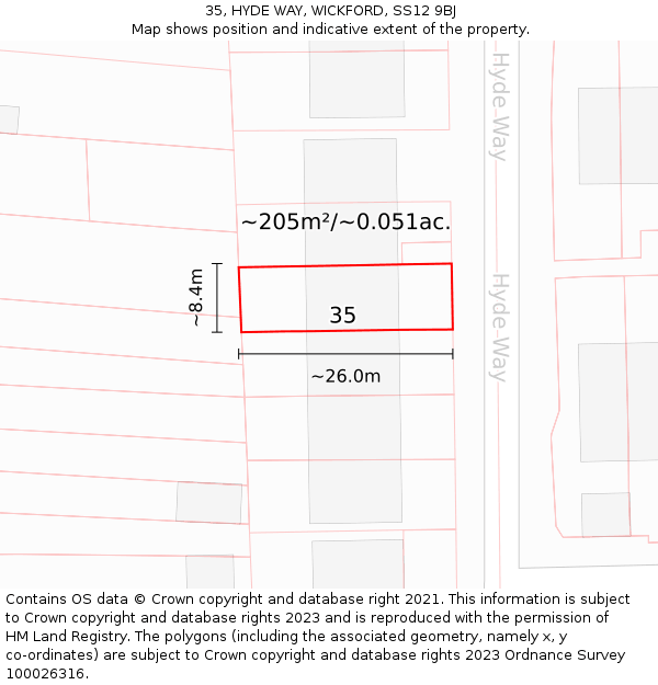 35, HYDE WAY, WICKFORD, SS12 9BJ: Plot and title map