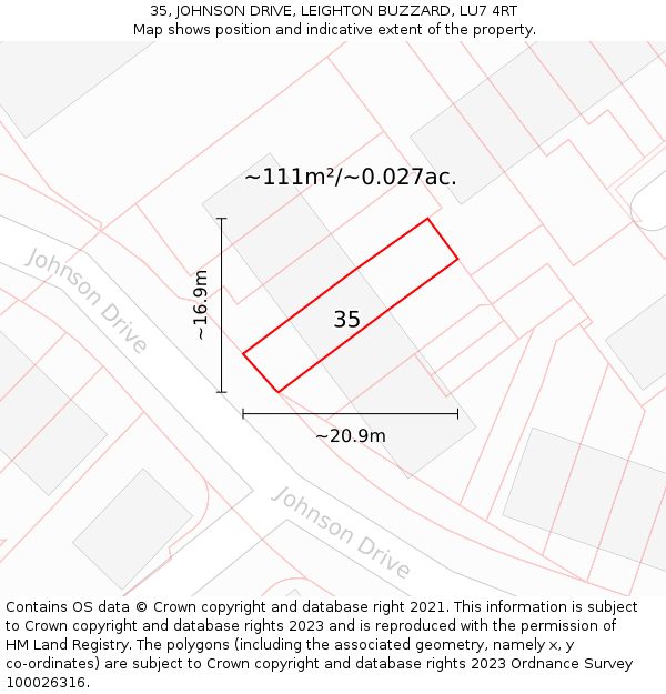 35, JOHNSON DRIVE, LEIGHTON BUZZARD, LU7 4RT: Plot and title map