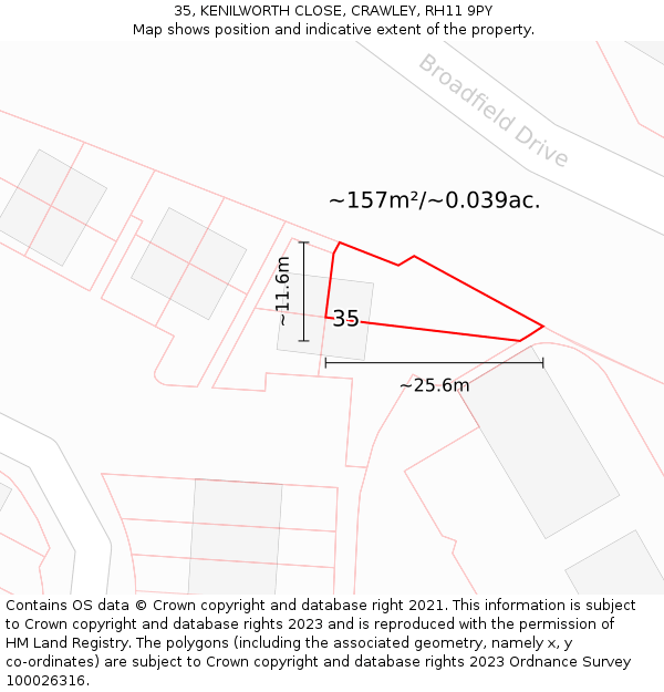 35, KENILWORTH CLOSE, CRAWLEY, RH11 9PY: Plot and title map