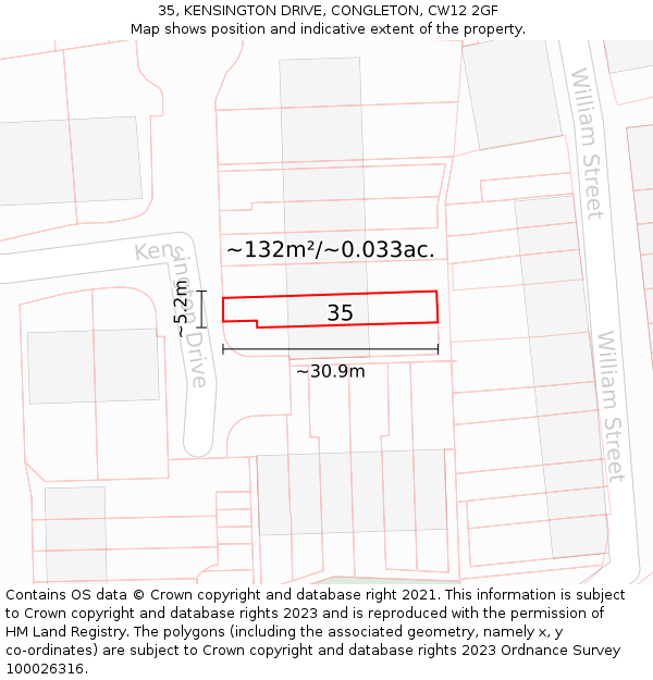 35, KENSINGTON DRIVE, CONGLETON, CW12 2GF: Plot and title map