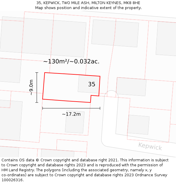 35, KEPWICK, TWO MILE ASH, MILTON KEYNES, MK8 8HE: Plot and title map