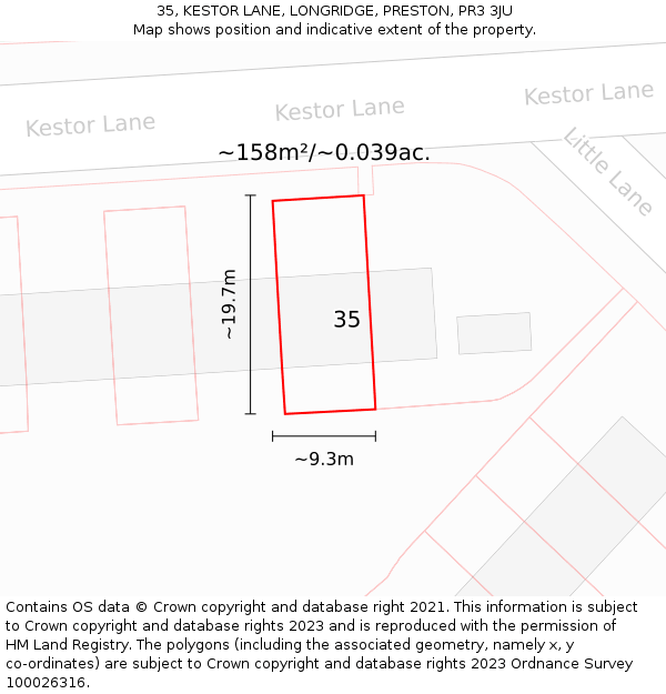 35, KESTOR LANE, LONGRIDGE, PRESTON, PR3 3JU: Plot and title map
