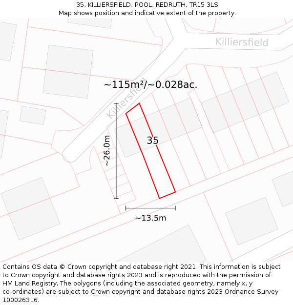 35, KILLIERSFIELD, POOL, REDRUTH, TR15 3LS: Plot and title map