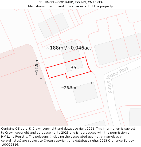 35, KINGS WOOD PARK, EPPING, CM16 6FA: Plot and title map