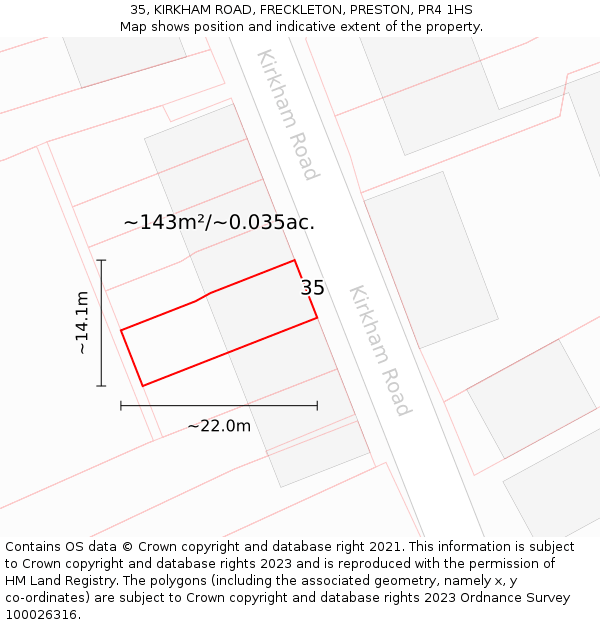35, KIRKHAM ROAD, FRECKLETON, PRESTON, PR4 1HS: Plot and title map