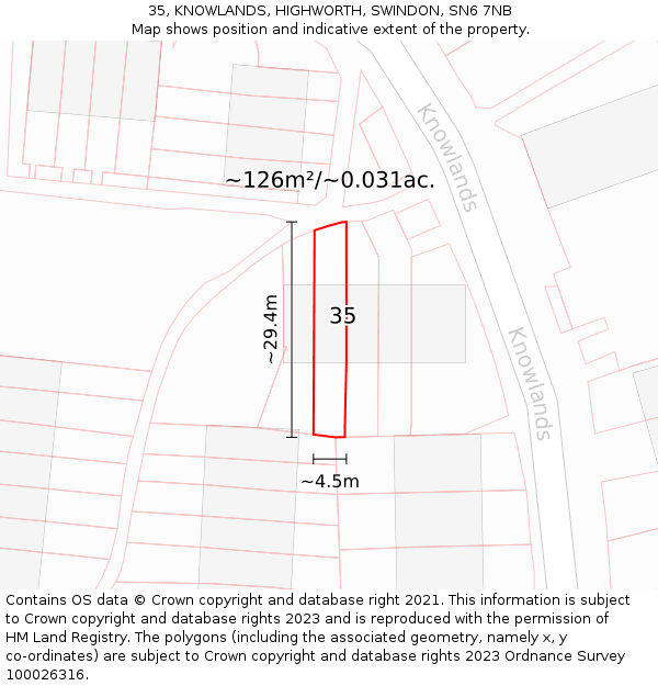 35, KNOWLANDS, HIGHWORTH, SWINDON, SN6 7NB: Plot and title map