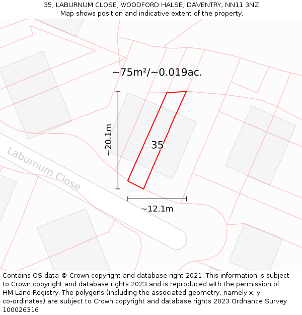 35, LABURNUM CLOSE, WOODFORD HALSE, DAVENTRY, NN11 3NZ: Plot and title map