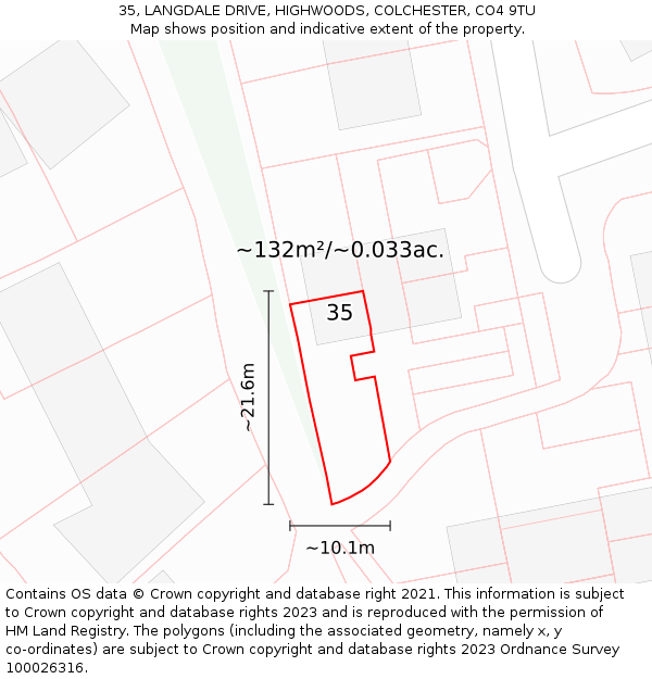 35, LANGDALE DRIVE, HIGHWOODS, COLCHESTER, CO4 9TU: Plot and title map