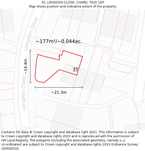 35, LANGDON CLOSE, CHARD, TA20 1DP: Plot and title map
