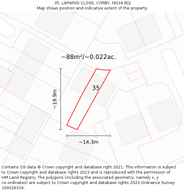 35, LAPWING CLOSE, CORBY, NN18 8DJ: Plot and title map