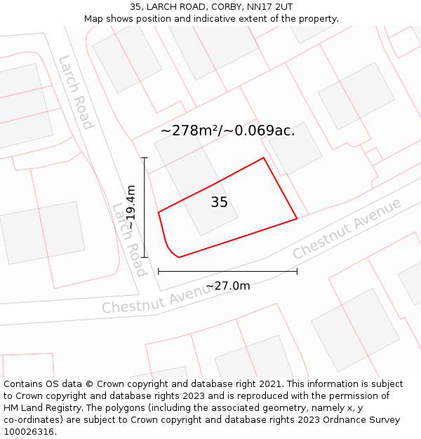 35, LARCH ROAD, CORBY, NN17 2UT: Plot and title map
