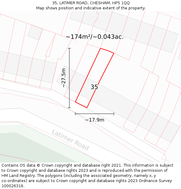 35, LATIMER ROAD, CHESHAM, HP5 1QQ: Plot and title map