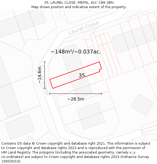 35, LAUREL CLOSE, MEPAL, ELY, CB6 2BN: Plot and title map
