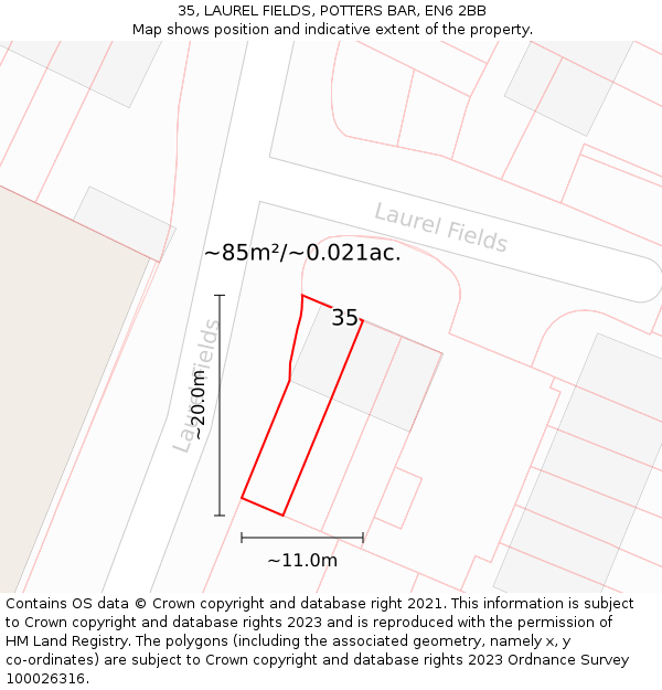35, LAUREL FIELDS, POTTERS BAR, EN6 2BB: Plot and title map