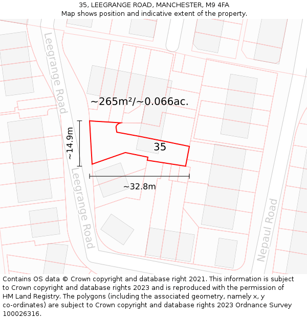 35, LEEGRANGE ROAD, MANCHESTER, M9 4FA: Plot and title map