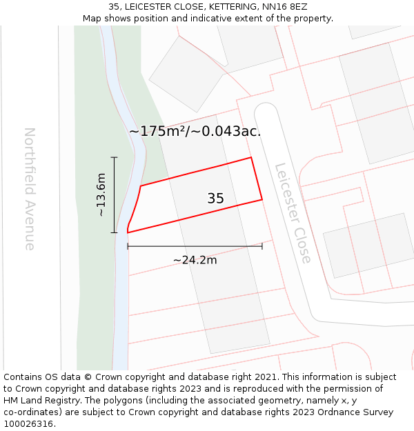 35, LEICESTER CLOSE, KETTERING, NN16 8EZ: Plot and title map