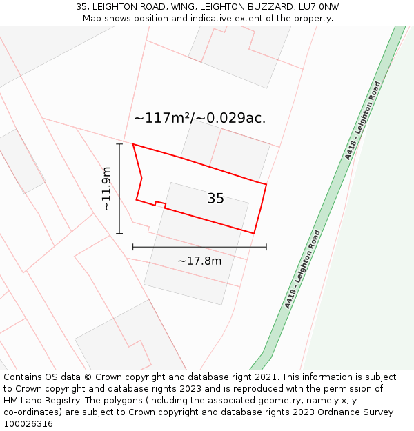 35, LEIGHTON ROAD, WING, LEIGHTON BUZZARD, LU7 0NW: Plot and title map