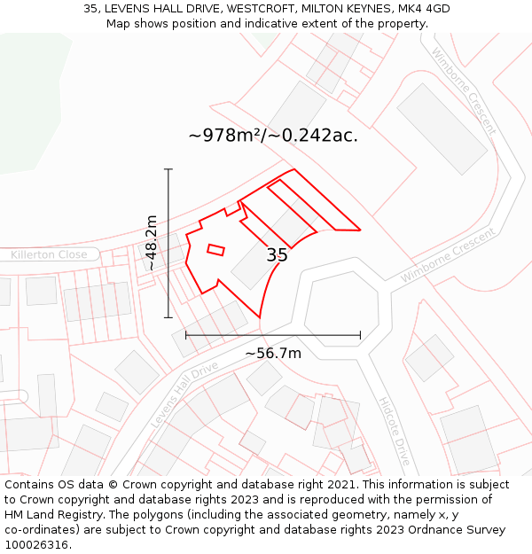 35, LEVENS HALL DRIVE, WESTCROFT, MILTON KEYNES, MK4 4GD: Plot and title map