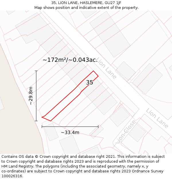 35, LION LANE, HASLEMERE, GU27 1JF: Plot and title map